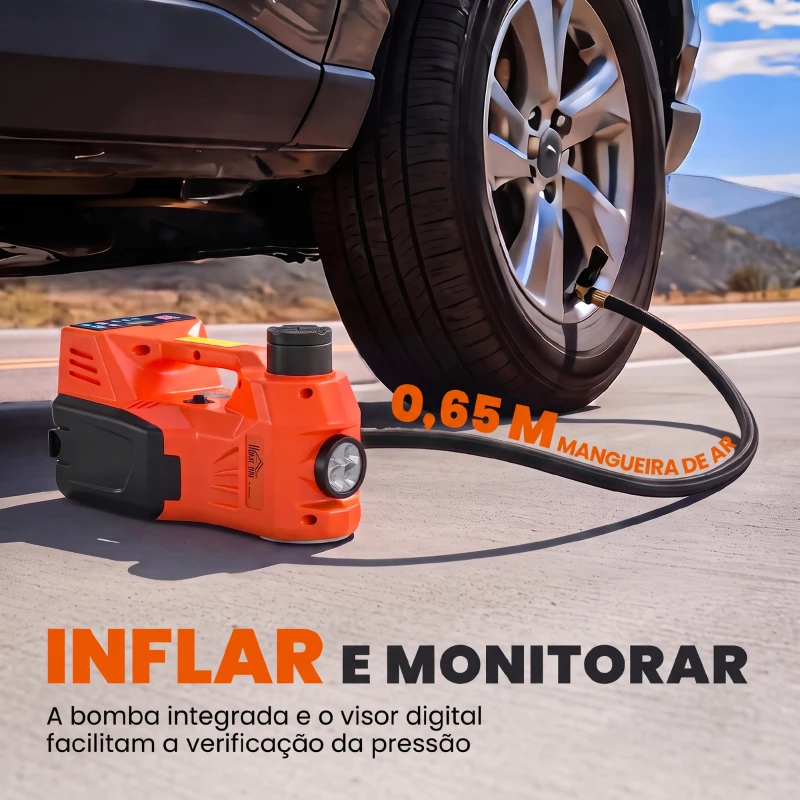 HOMCOM Kit de Macaco Hidráulico Elétrico 5T 12V 14,3-45 cm com Luz LED, Bomba de Ar, Chave Sextavada, Martelo e Mala Laranja