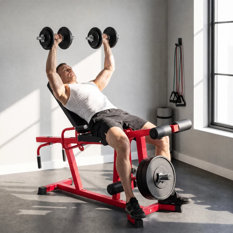 SPORTNOW Machine d'Extension de Jambe 3 en 1 Charge 300 kg, Dossiers et Positions Réglables, Disques Libres, 163x58x118cm, Rouge