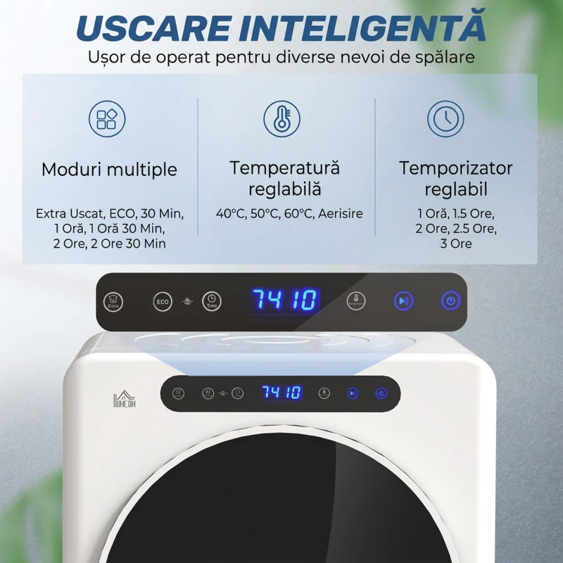 HOMCOM Mini Uscător Electric 1000W de 3 kg cu Afișaj LED, 49x43x61 cm, Alb