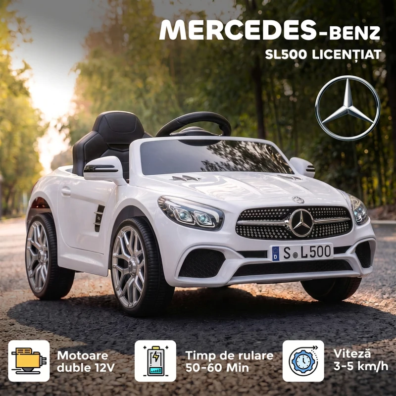 AIYAPLAY Mașină Electrică pentru Copii Mercedes-Benz SL500 12V cu 2 Motoare, Suspensie, Muzică și Telecomandă, Alb
