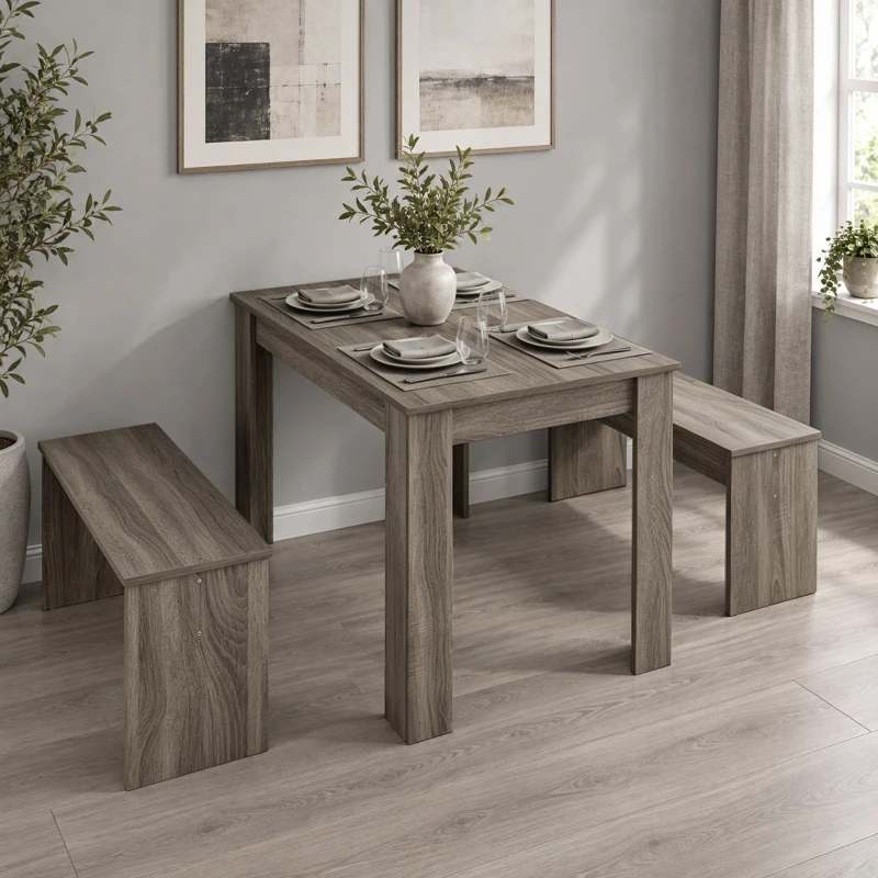 HOMCOM Kitchen Dining Table and 2 Benches Set, Table and Chairs Set for Limited Space, Grey Wood Effect
