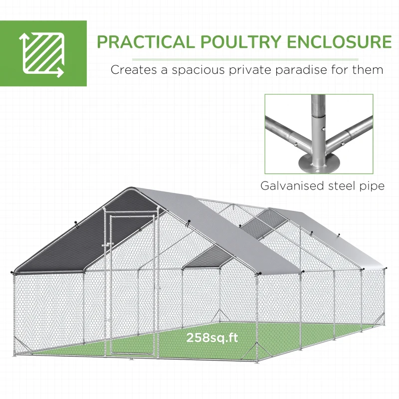 PawHut Chicken Run Galvanised Walk-in Chicken Coop Hen Poultry House Cage Rabbit Hutch with Water-Resist Cover, 3 x 8 x 2m