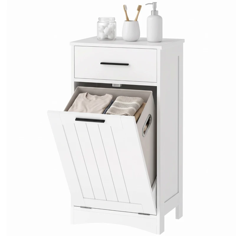 HOMCOM Meuble à Linge avec Tiroir et Compartiment à Rabat, pour Buanderie et Salle de Bain, 42x30x82 cm, Blanc
