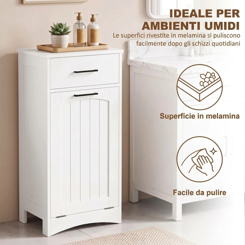 HOMCOM Mobile Portabiancheria con Cassetto e Scomparto a Ribalta, per Lavanderia e Bagno, 42x30x82 cm, Bianco