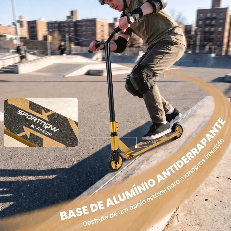 SPORTNOW Trotinete Acrobática para Truques com Plataforma em Alumínio, Rolamentos ABEC-7, Rodas 110 mm e Guiador 360°, Dourado