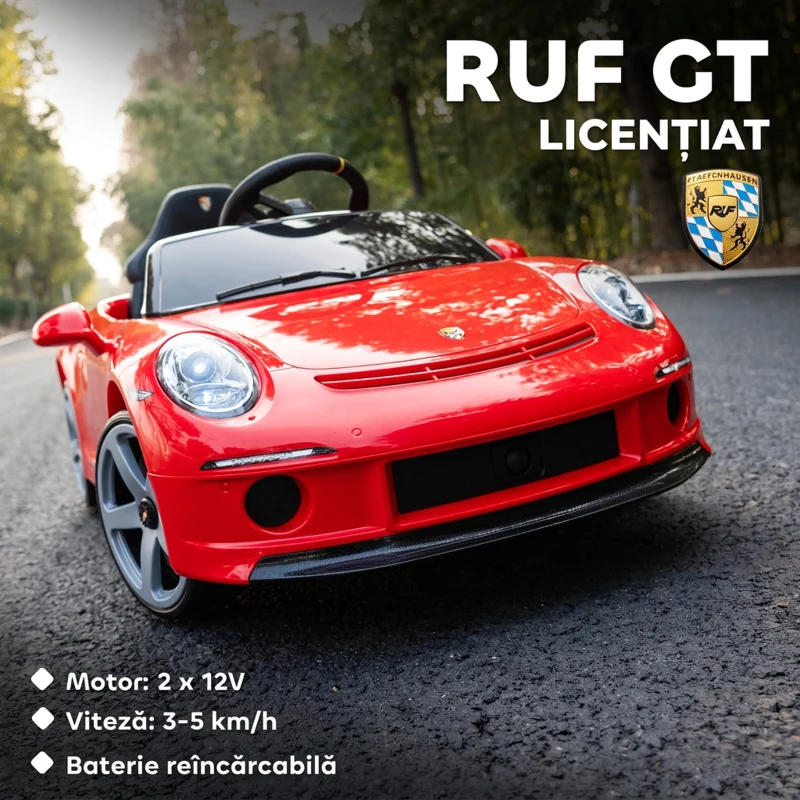 AIYAPLAY Mașină pentru Copii 3-5 Ani cu Licență Oficială RUF GT, Telecomandă, Centură de Siguranță și Muzică, Roșu