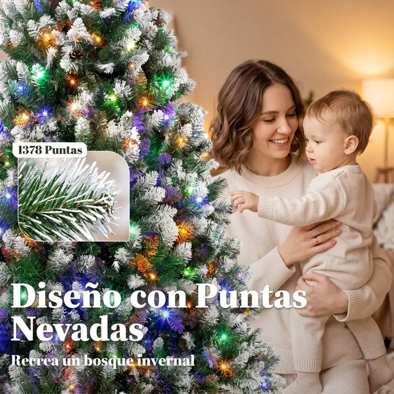 HOMCOM Árbol de Navidad 220 cm con 400 Luces LED 11 Modos Mando a Distancia 1378 Puntas Base Metálica Plegable Verde