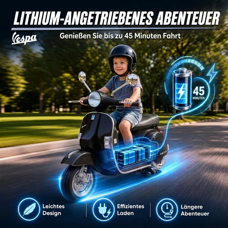 AIYAPLAY Elektryczny motocykl dziecięcy Vespa PX150 12V z akumulatorem litowym 35W 2 silniki 25° ograniczenie skrętu dla dzieci 3-6 lat