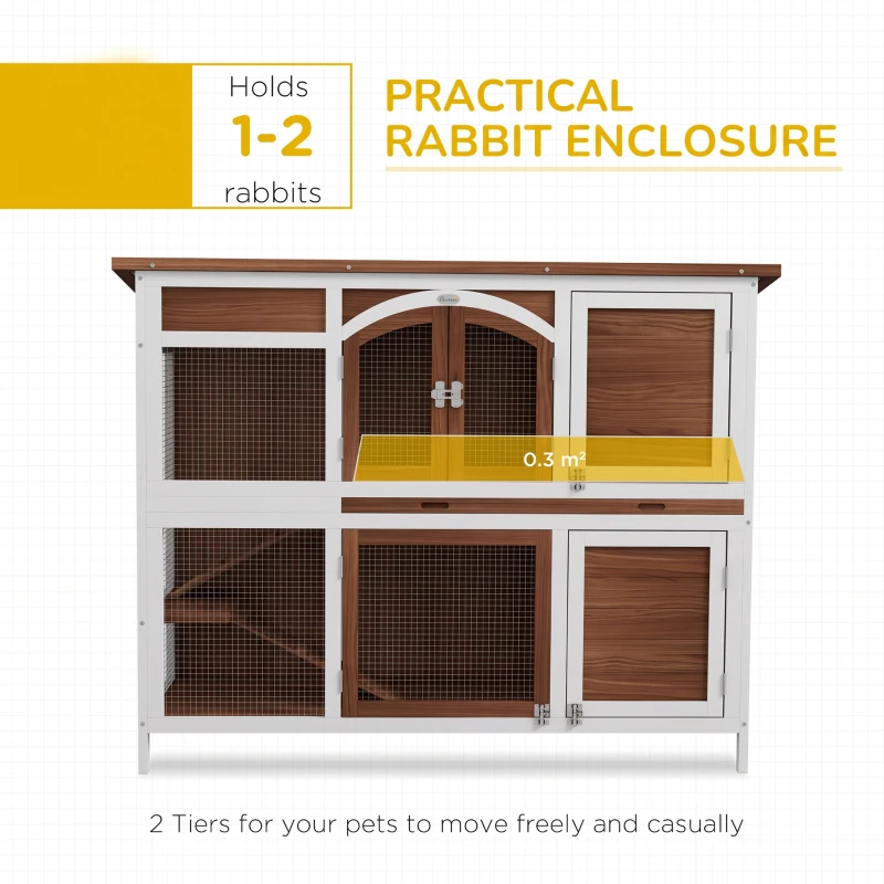 PawHut Two-Tier Wooden Pet Hutch with Openable Roof, Slide-Out Tray