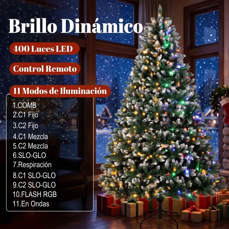 HOMCOM Árbol de Navidad 220 cm con 400 Luces LED 11 Modos Mando a Distancia 1378 Puntas Base Metálica Plegable Verde