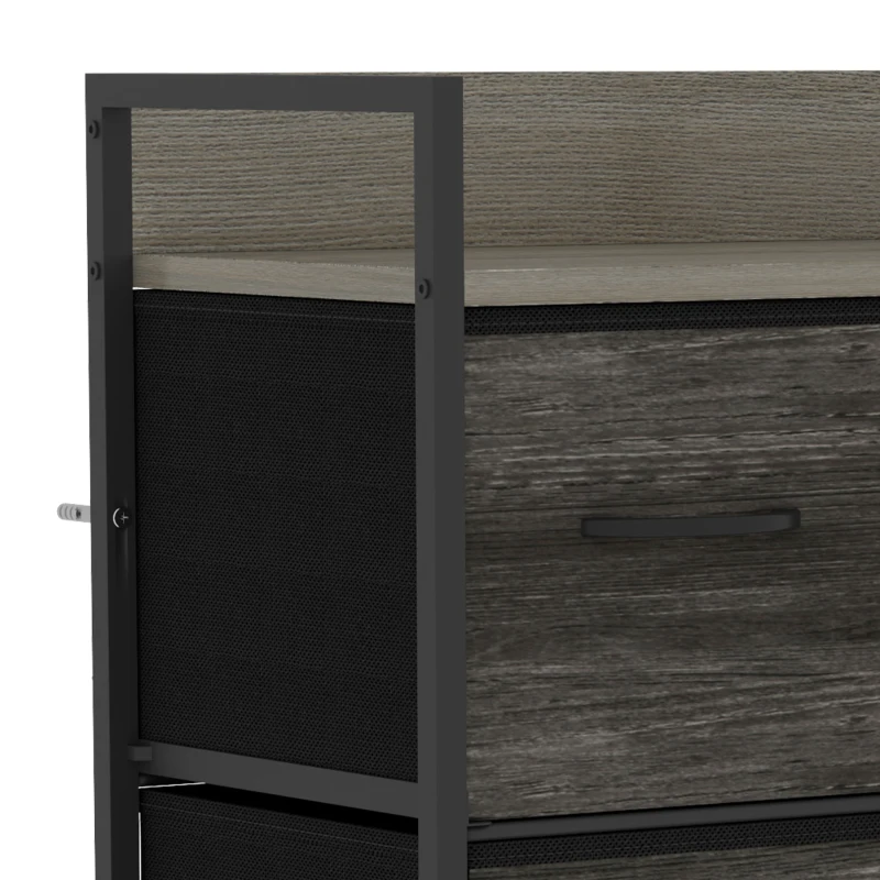 HOMCOM Rustic Chest of Four Fabric Drawers - Grey Wood Effect