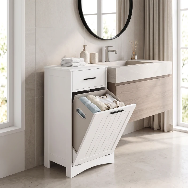 HOMCOM Meuble à Linge avec Tiroir et Compartiment à Rabat, pour Buanderie et Salle de Bain, 42x30x82 cm, Blanc