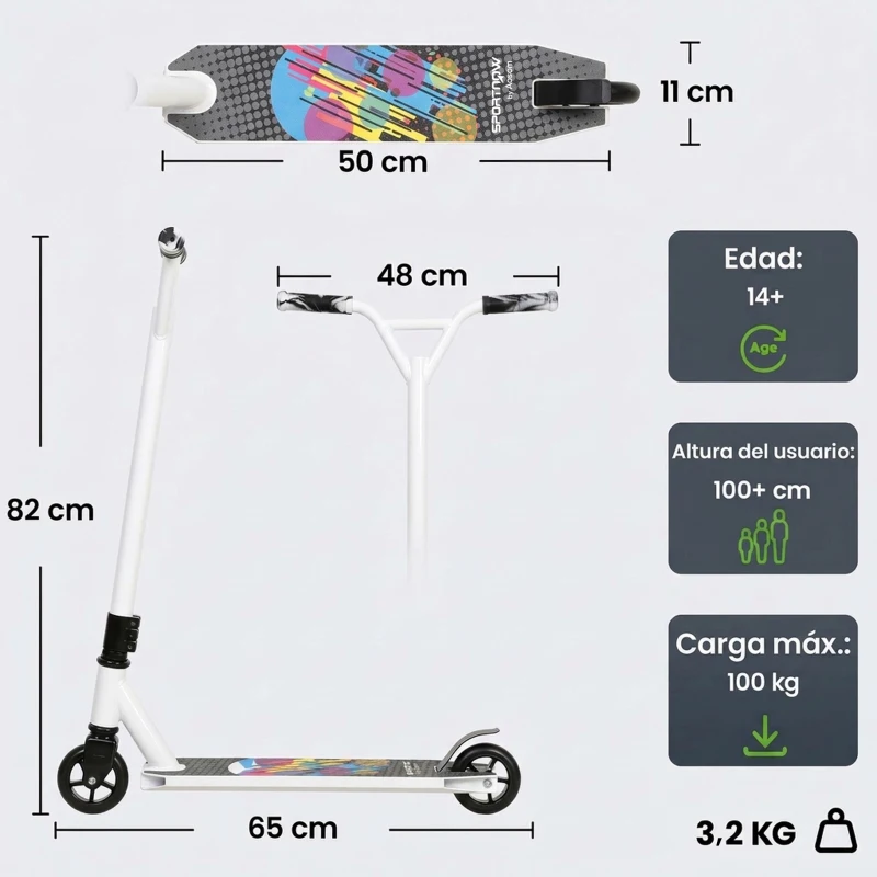 SPORTNOW Scooter Acrobático para Trucos con Plataforma de Aluminio Rodamientos ABEC-7 Ruedas 100 mm Manillar 360° Blanco