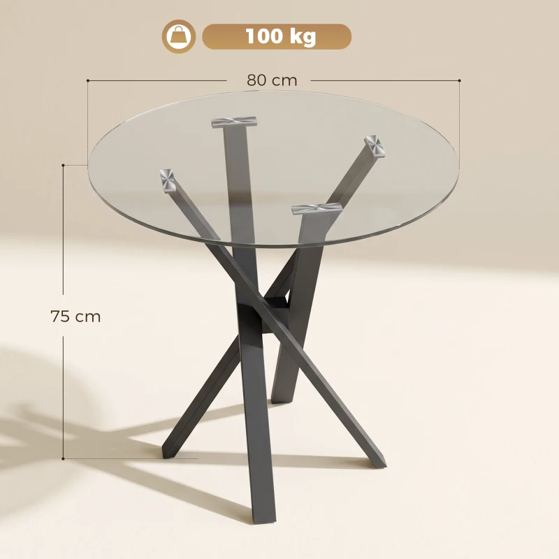 HOMCOM Mesa de Comedor Redonda para 4 Personas Ø80 cm Tablero de Vidrio Templado Patas Cruzadas de Acero Transparente