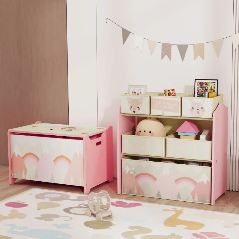 ZONEKIZ Kids Storage Unit, Toy Storage Organiser, with Six Fabric Bins, for Bedrooms, Playrooms, Nurseries - Pink