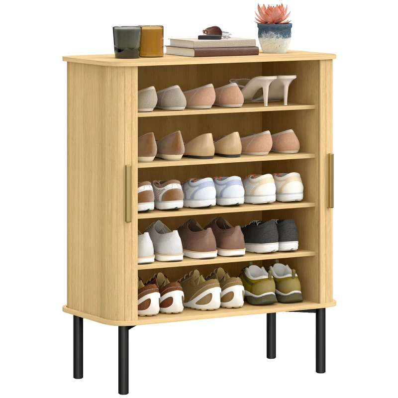 HOMCOM Zapatero de 5 Niveles con Puertas Correderas 4 Estantes Ajustables y Compartimentos Laterales Roble