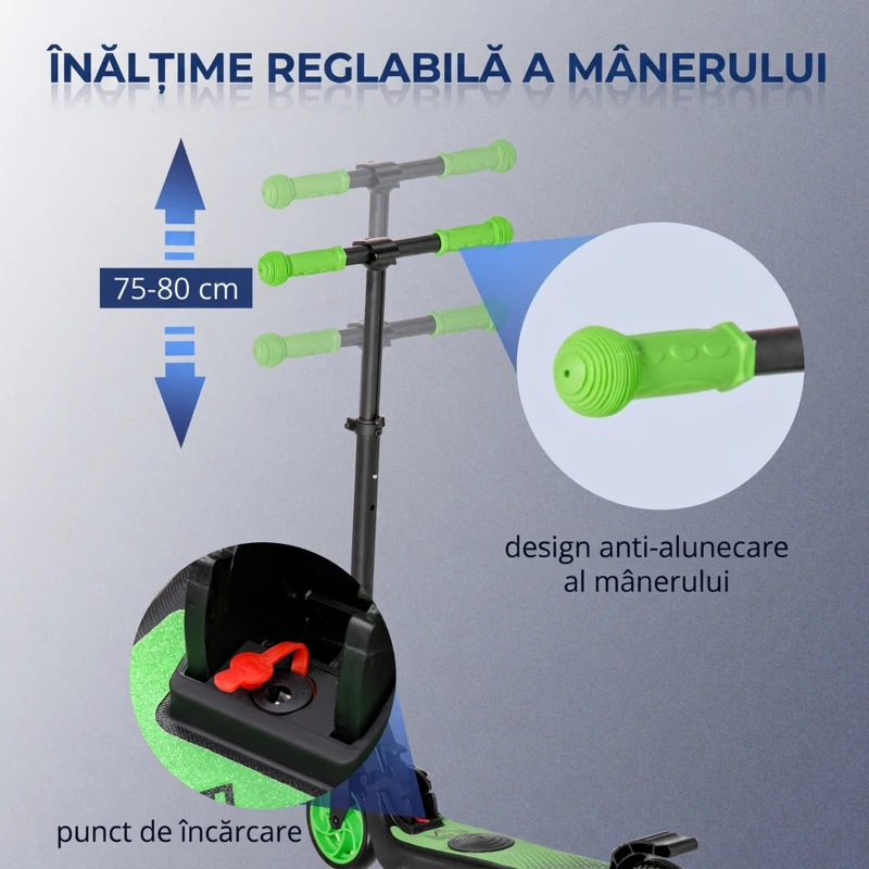HOMCOM Trotinetă Electrică Pliabilă pentru Copii 6+ Ani cu Înălțime Reglabilă, 71x36.5x75-80 cm, Negru și Verde