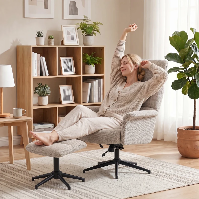HOMCOM Cadeirão Relax com Apoio para os Pés, Apoio de Cabeça Ajustável, Giratório, Reclinável, Assento com Molas e Encosto Alto, Castanho