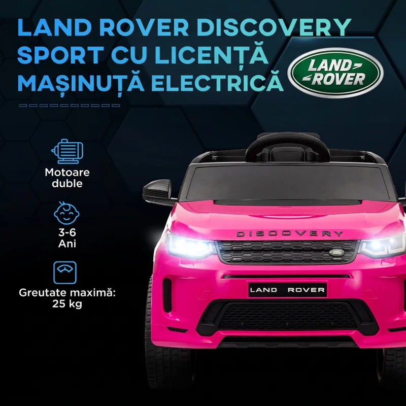 AIYAPLAY Mașină Electrică Copii cu Licență Land Rover Discovery, cu Faruri, Claxon și Centură, din Plastic și Metal, 106x65,5x51 cm, Roz
