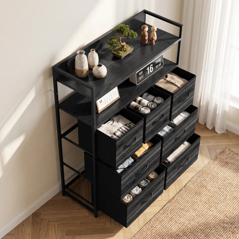 HOMCOM Chest of Drawers, Bedroom Fabric Dresser with 7 Drawers, Storage Organiser Unit with Open Shelves, Black Wood-Effect