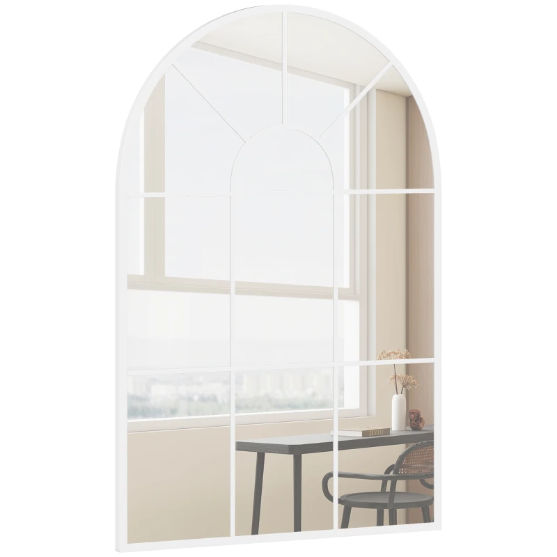 HOMCOM Miroir Mural Arqué 91 x 60 cm, Miroir Verrière Arche Style Industriel, Cadre Métallique, pour Salon, Chambre, Blanc