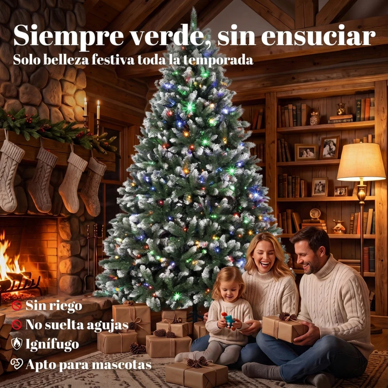 HOMCOM Árbol de Navidad 220 cm con 400 Luces LED 11 Modos Mando a Distancia 1378 Puntas Base Metálica Plegable Verde