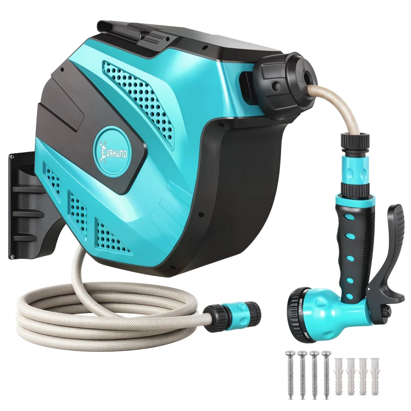DURHAND Enrouleur automatique pivotant 180° fixation mural avec tuyau 15 + 1,5 m avec Buse de Pulvérisation, noir et vert
