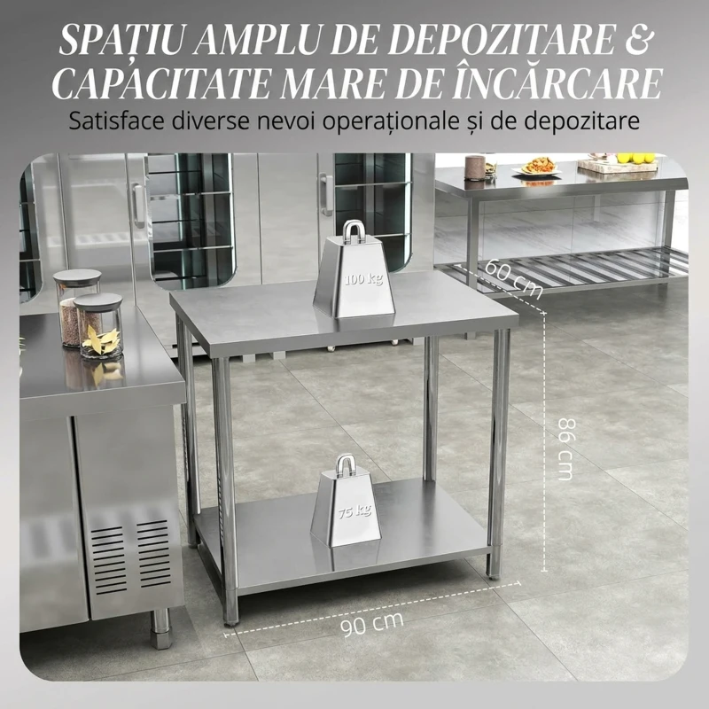 HOMCOM Masă de lucru pentru garaj din oțel inoxidabil, cu 2 rafturi, 100 kg, 90x60x86 cm, argintie