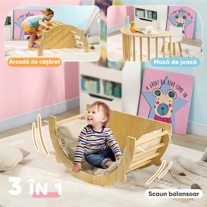 AIYAPLAY Arc Montessori 3 în 1 pentru Copii între 18-48 Luni, Structură de Cățărat, Măsuță și Balansoar cu Pernă