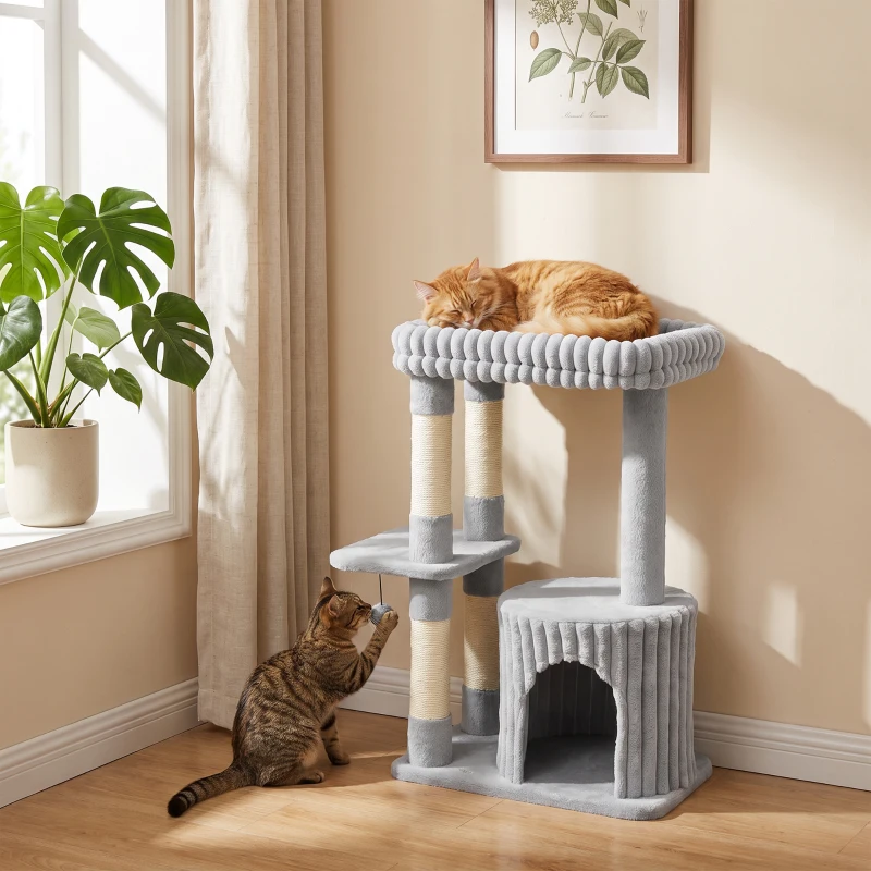 PawHut Katzenbaum, 93 cm 3 stufiger Kratzbaum mit Sisal-Kratzstämmen, Kuschelhöhle, großer Liegefläche, Plattform, bis 6 kg