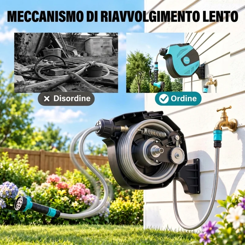 DURHAND Avvolgitubo Automatico a Parete con 7 Modalità di Irrigazione, in Plastica, 44x22.5x41 cm, Nero e Verde
