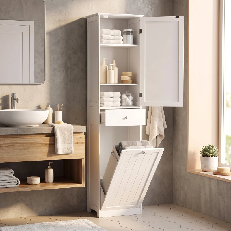 HOMCOM Móvel Coluna 180 cm com Cesto de Roupa Basculante, Branco
