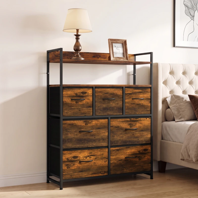 HOMCOM Chest of Drawers, Bedroom Fabric Dresser with 7 Drawers, Storage Organiser Unit with Open Shelves, Rustic Brown