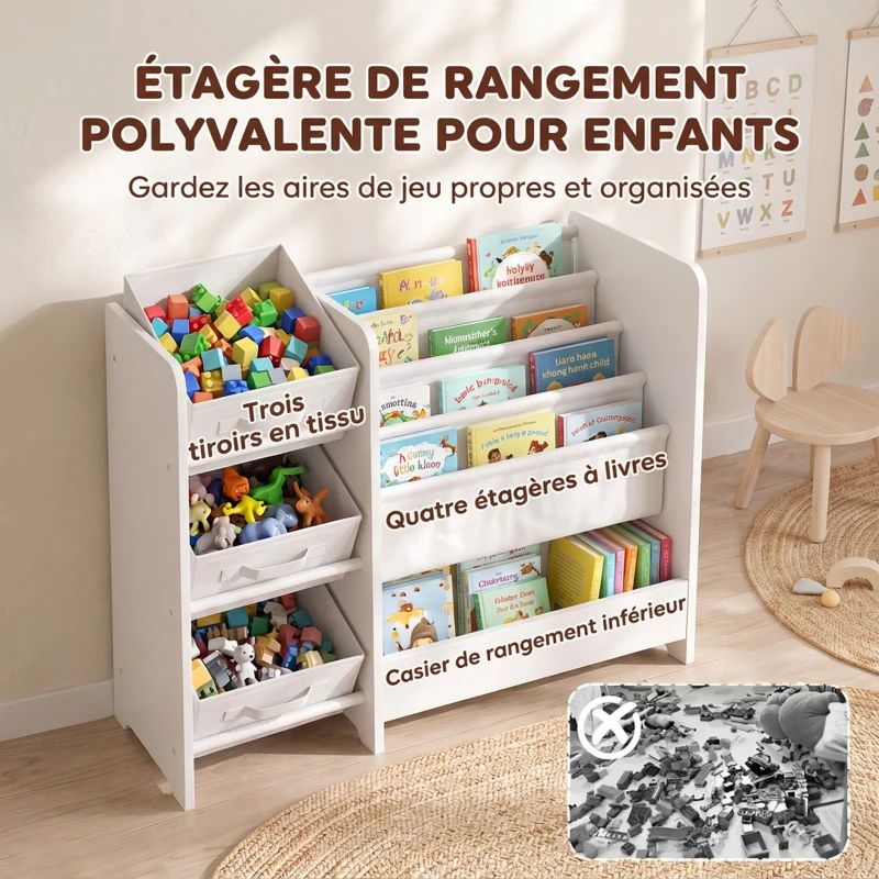AIYAPLAY Meuble Rangement Enfant à 3 Niveaux avec 4 Porte-livres, 3 Bacs en Tissu et Compartiment, 64,5 x 30 x 66 cm, Blanc