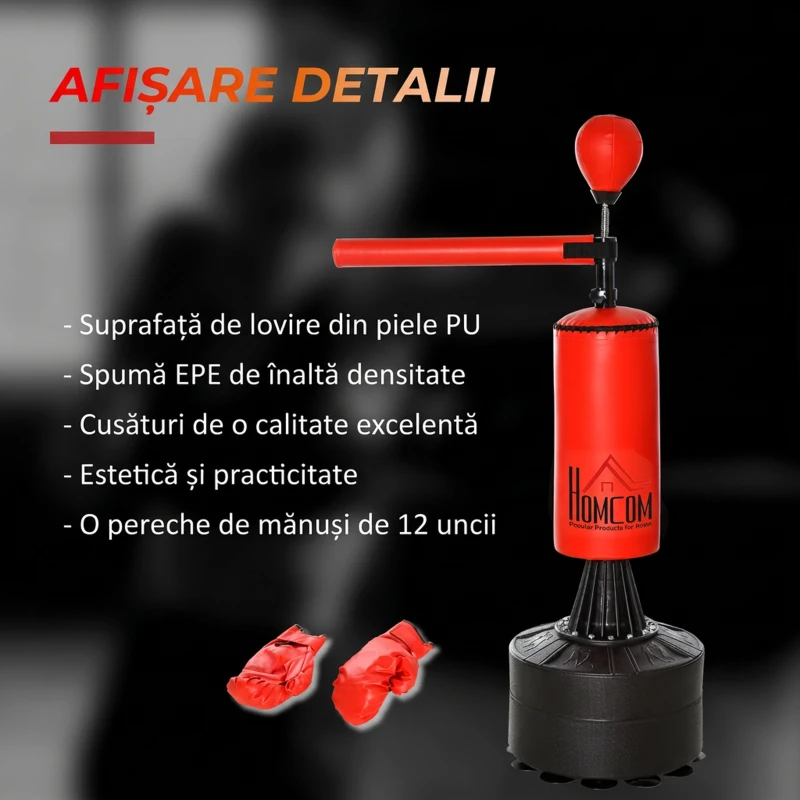 HOMCOM Sac de Box Reglabil pe Înălțime cu Punching Ball și Bază Umplibilă, 88x48x155-205 cm, Roșu și Negru