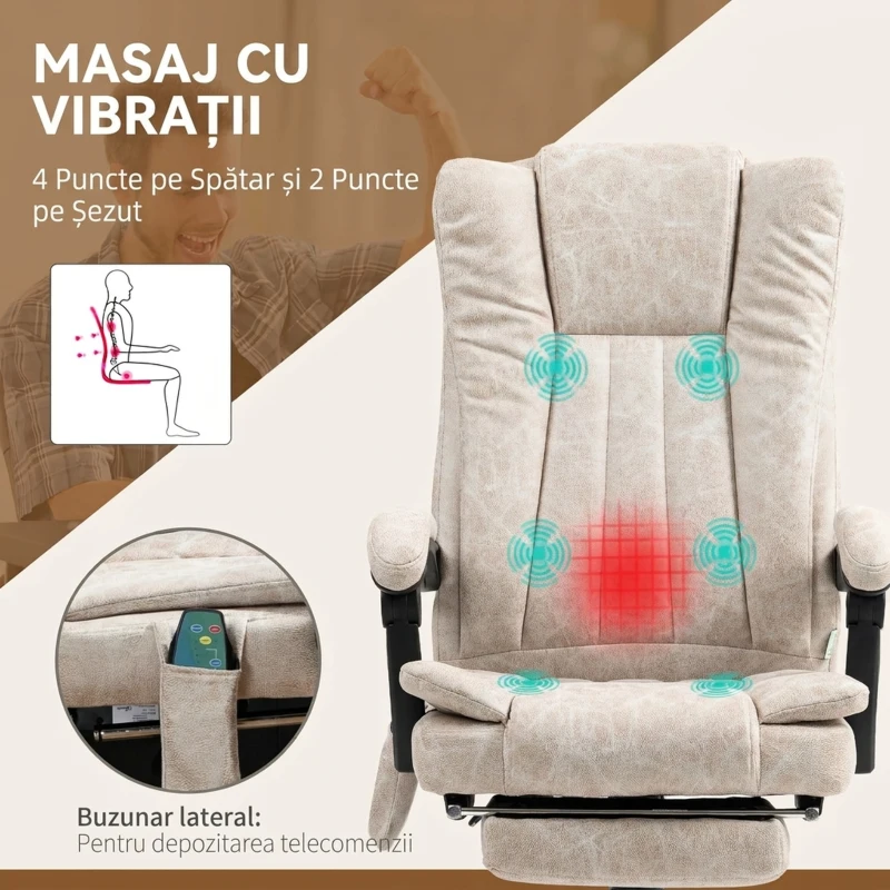 Vinsetto Scaun de Birou cu Funcție de Masaj, cu Suport pentru Picioare, din Microfibră, 62x67x113-120 cm, Crem