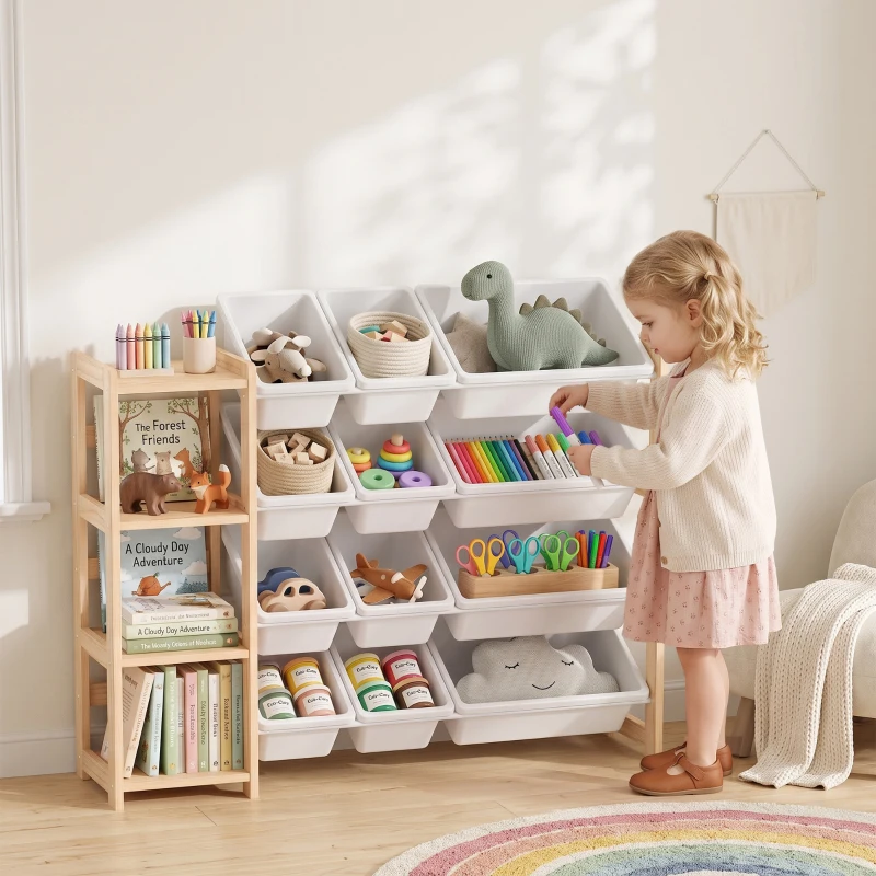 AIYAPLAY Toy Storage Organiser with 3 Shelves and 12 Bins, Wooden Toy Organiser for Playroom, Bedroom, Nursery, Natural