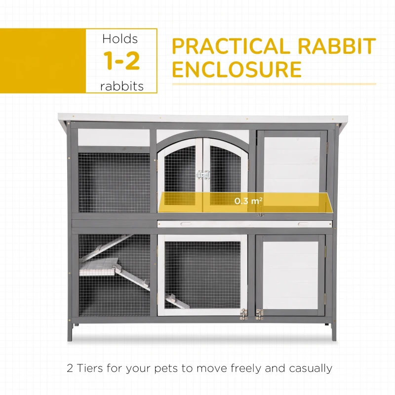 PawHut Rabbit Hutch Outdoor Guinea Pig Hutch 2 Tier Wooden Cage w/ Ramp, Divider, Openable Roof, 125 x 48 x 100cm - Grey