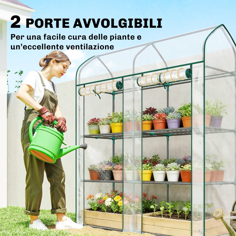 Outsunny Serra da Balcone a 3 Ripiani con 2 Porte Avvolgibile, Serra per Orto con Struttura in Acciaio e Copertura PVC, 143x46x165 cm, Trasparente