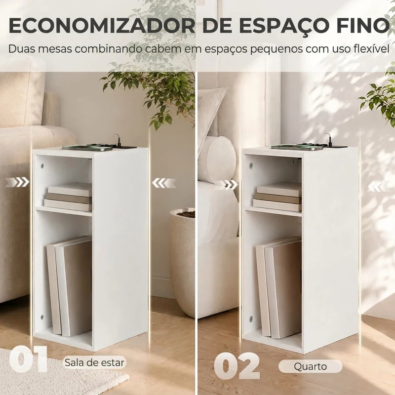 HOMCOM Conjunto de 2 Mesas de Apoio com Estação de Carregamento, 2 Tomadas, 2 Portas USB e 2 Espaços Abertos, Branco