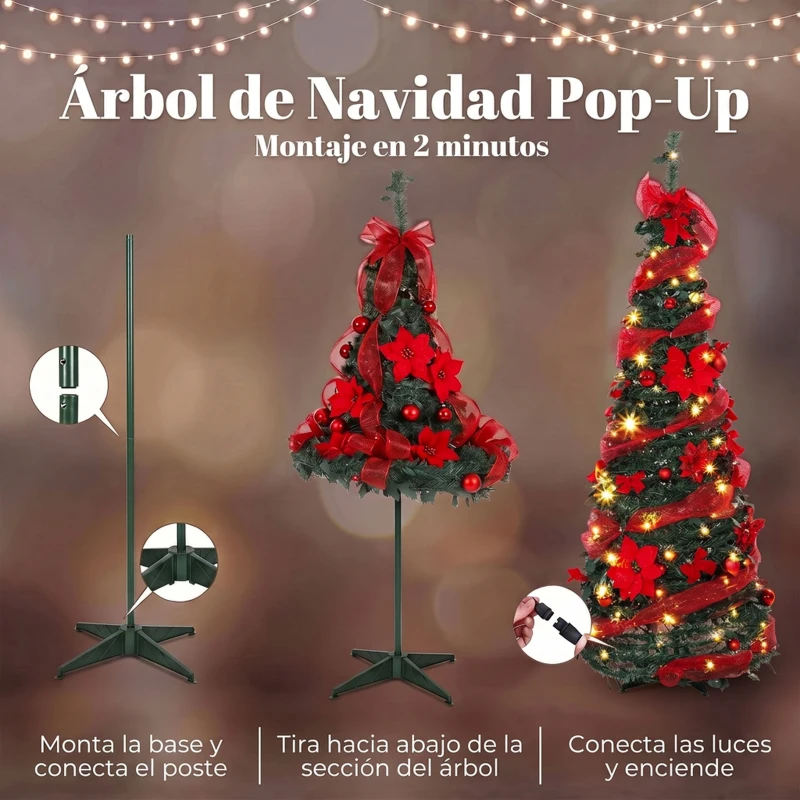 HOMCOM Árbol de Navidad Artificial 150 cm con 100 Luces LED 150 Ramas 11 Modos Bolas, Cintas Soporte Plegable Verde y Rojo