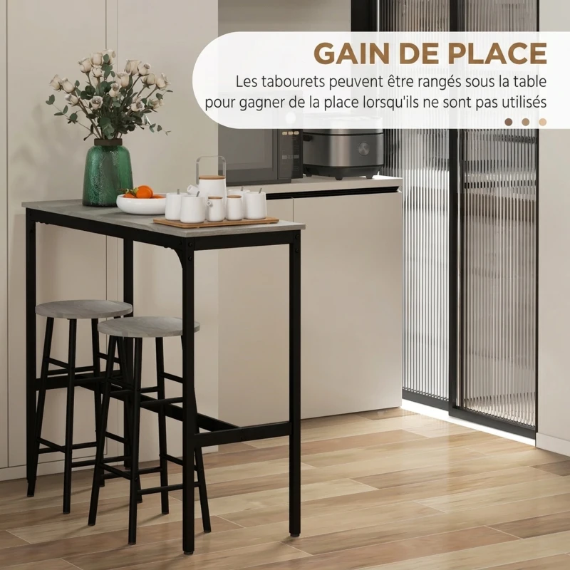 HOMCOM Ensemble table haute de bar + 2 tabourets structure en acier plateau aspect effet bois gris 2 personnes noir