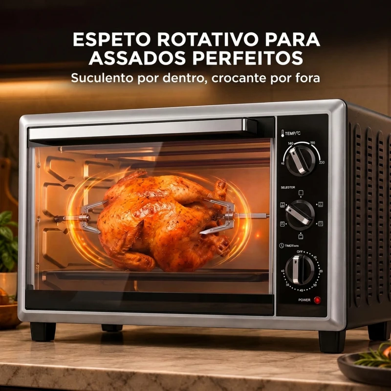 HOMCOM Mini Forno Elétrico de Bancada 46 L com Convecção Espeto Giratório e Temporizador 1800 W