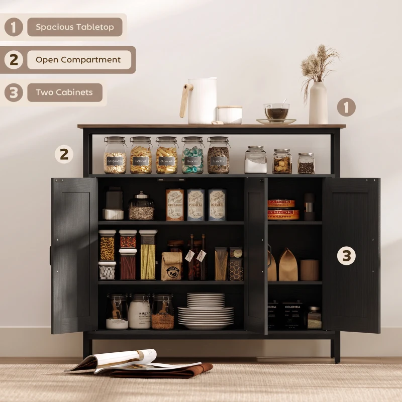HOMCOM Industrial Kitchen Sideboard with Open Shelf, 2 Cabinets, Adjustable Shelves for Living Room, Dining Room, Black