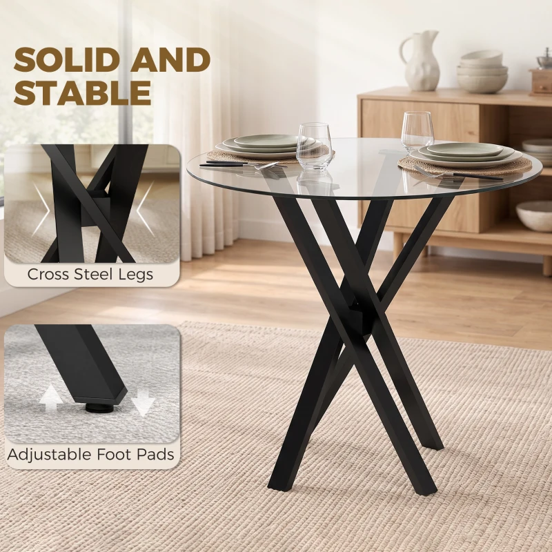 HOMCOM Round Dining Table for 4, 80cm Modern Kitchen Table with Tempered Glass Top and Cross Steel Legs, Clear