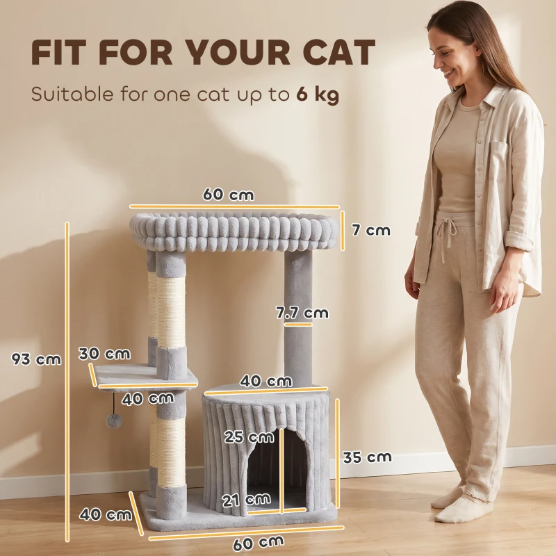 PawHut Copac pentru pisici, 93 cm, copac cu 3 niveluri, stâlpi din sisal, vizuină călduroasă, suprafață mare de odihnă, platformă, până la 6 kg