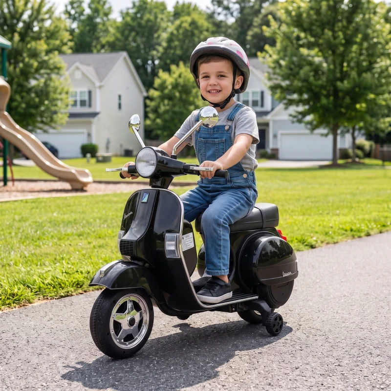 AIYAPLAY Elektryczny motocykl dziecięcy Vespa PX150 12V z akumulatorem litowym 35W 2 silniki 25° ograniczenie skrętu dla dzieci 3-6 lat