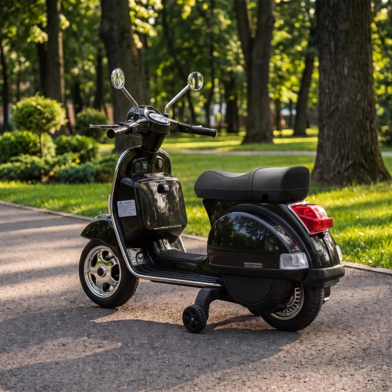 AIYAPLAY Elektryczny motocykl dziecięcy Vespa PX150 12V z akumulatorem litowym 35W 2 silniki 25° ograniczenie skrętu dla dzieci 3-6 lat