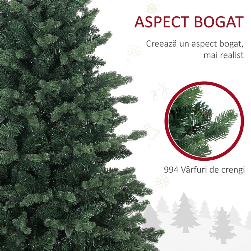 HOMCOM Brad de Crăciun artificial de 150 cm realist, cu 994 de ramuri și bază din rășină, verde