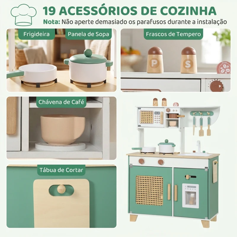 AIYAPLAY Cozinha de Brincar em Madeira com Cafeteira, Máquina de Gelo, 19 Acessórios, Micro-ondas e Arrumação, 3-6 Anos, Verde